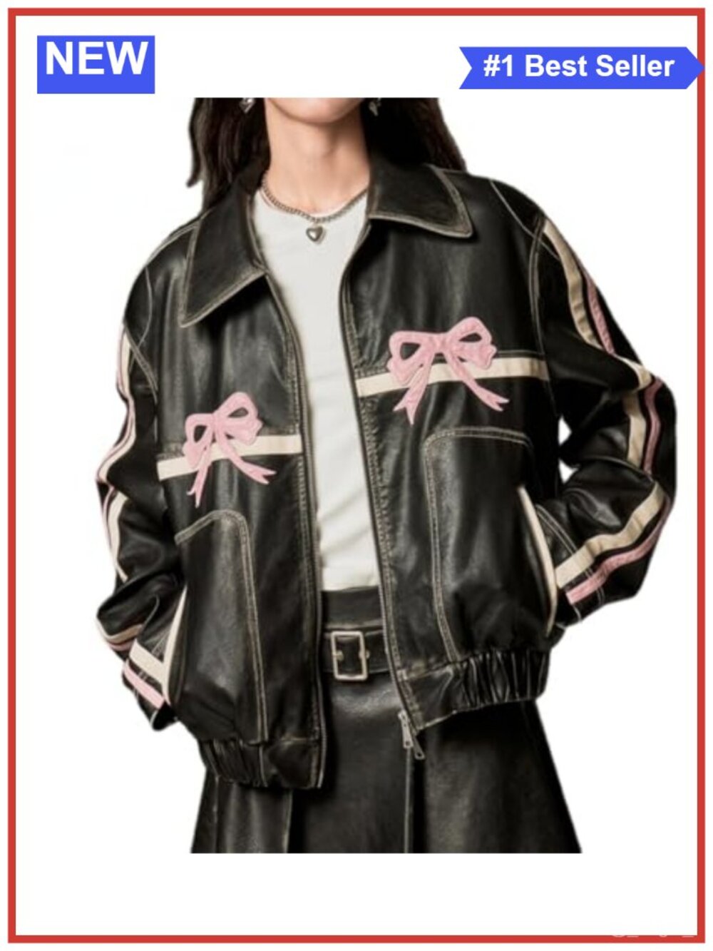 Faux Leather Bow Bomber Jacket Y2K Vintage Aviator Women's